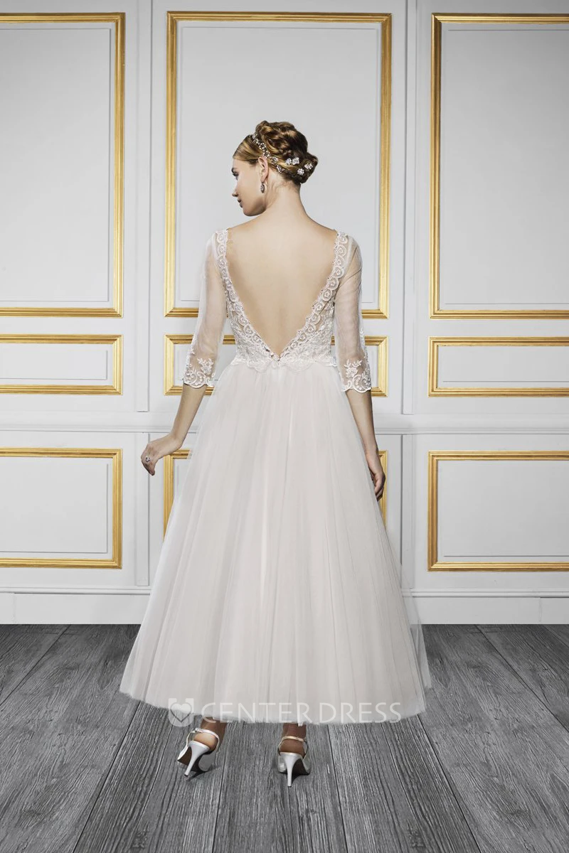 Ankle-Length Bateau Neck 3-4 Sleeve Appliqued Tulle Wedding Dress