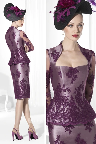 Pencil Long-Sleeve Knee-Length Bolero Square-Neck Satin&Lace Prom Dress With Appliques