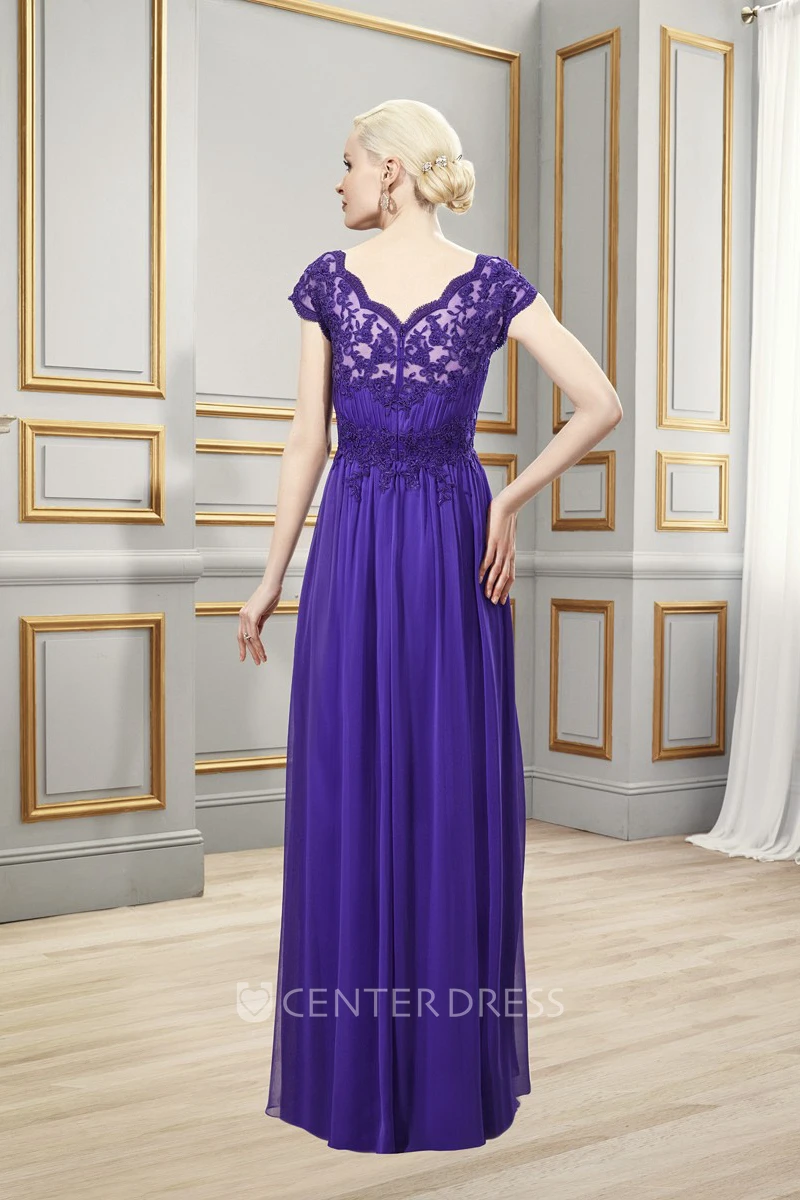 Sheath Bateau-Neck Appliqued Long Cap-Sleeve Chiffon Formal Dress With Ruching