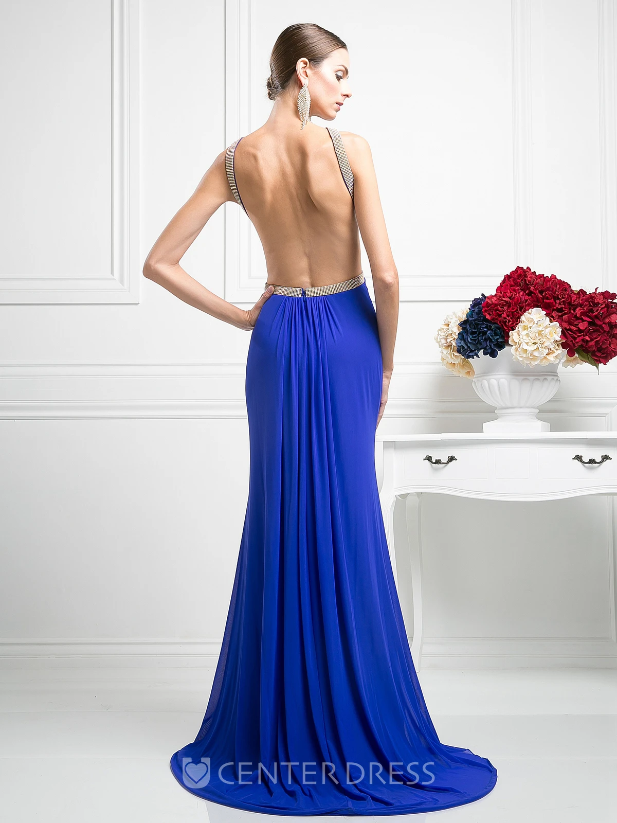 Sheath Long Scoop-Neck Sleeveless Chiffon Backless Dress With Split Front And Pleats