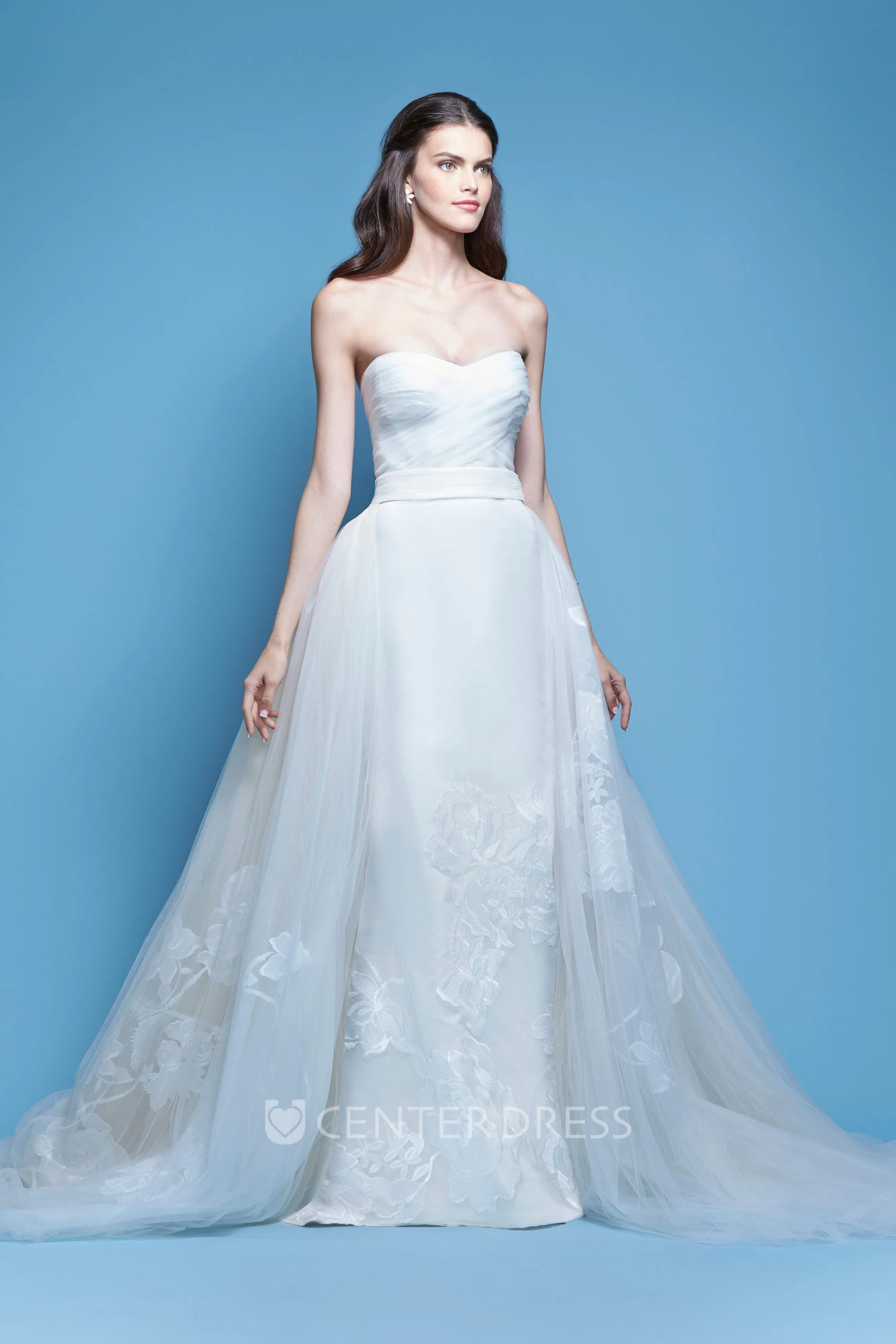 Embroidered Strapless Tulle&Satin Wedding Dress With Criss Cross