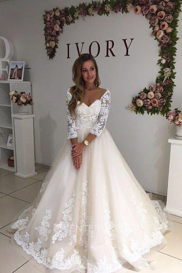 Ball Gown Off-the-shoulder Lace Tulle Low-V Back Wedding Gown