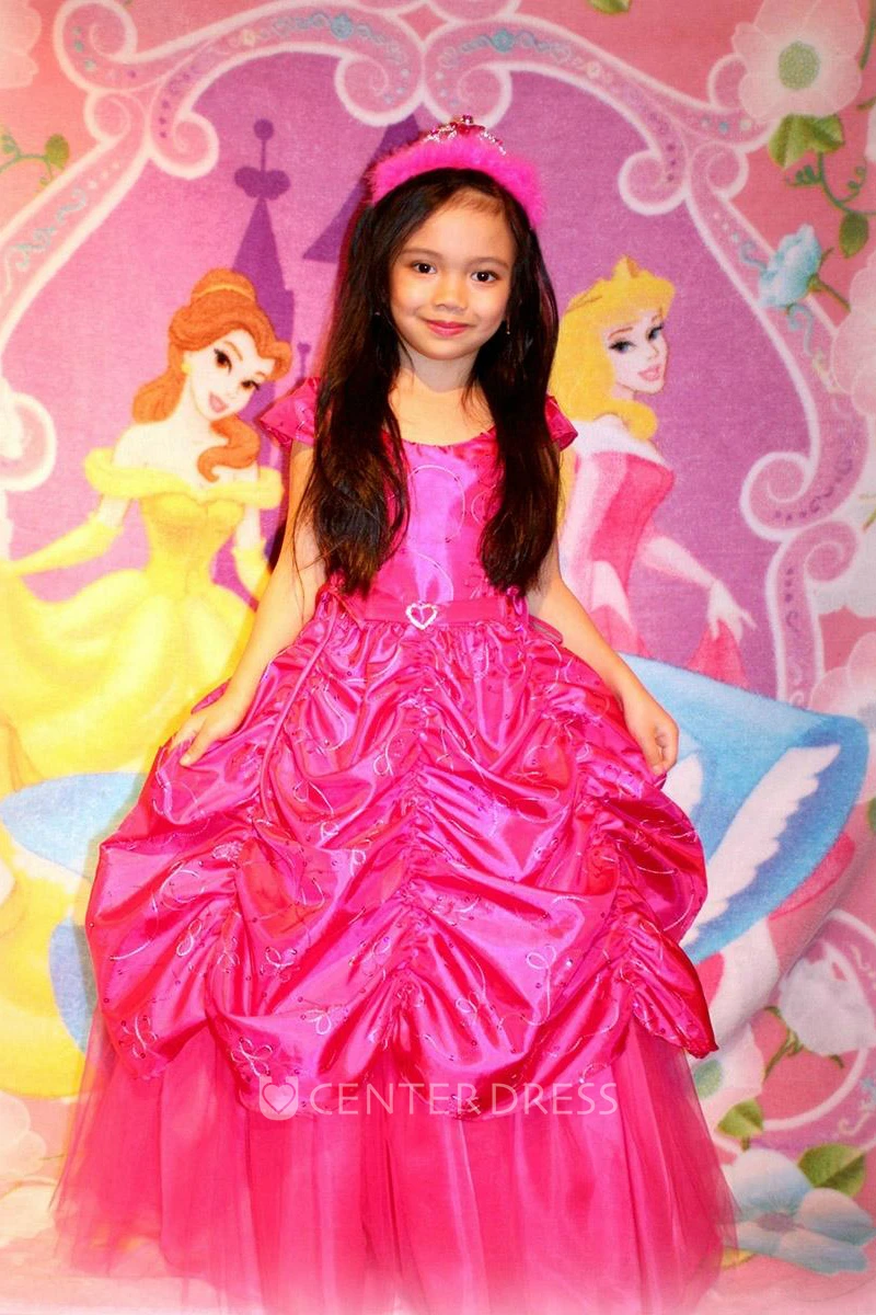 Ankle-Length Tiered Embroideried Lace&Taffeta Flower Girl Dress With Broach