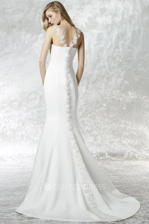 Floor-Length Straps Appliqued Satin Wedding Dress With Court Train