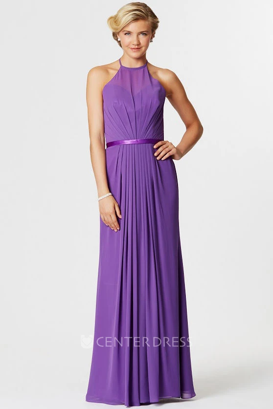 Sleeveless Ribboned High Neck Chiffon Bridesmaid Dress With Ruching