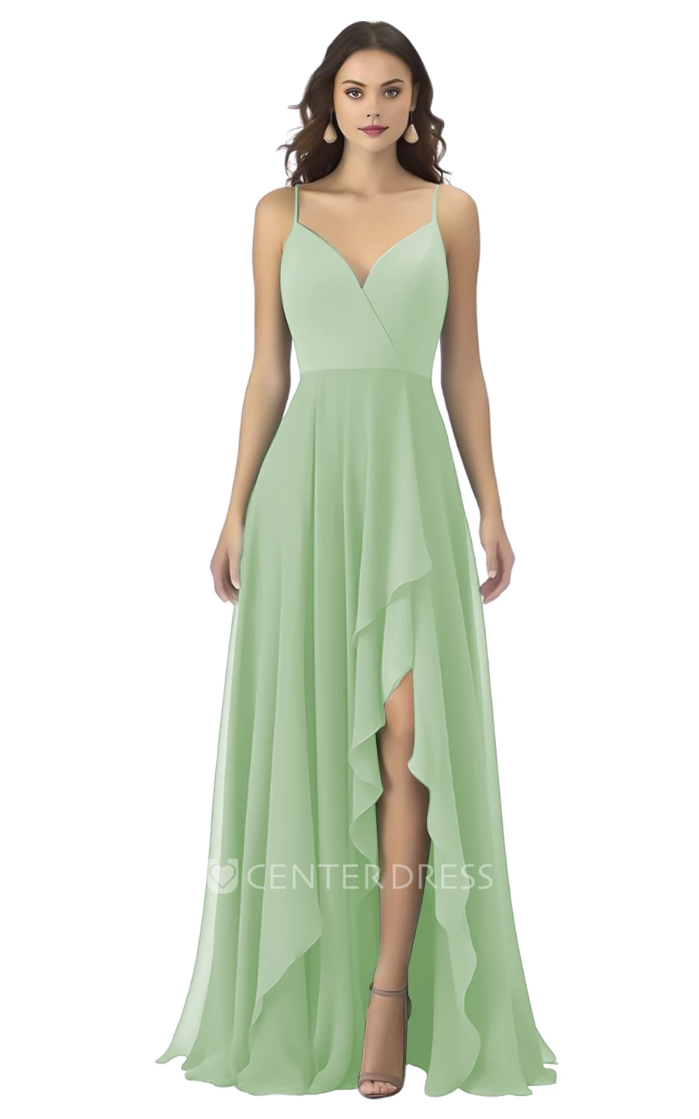 Bohemian A-Line Spaghetti Chiffon Bridesmaid Dress with Front Split Boho & Flowy