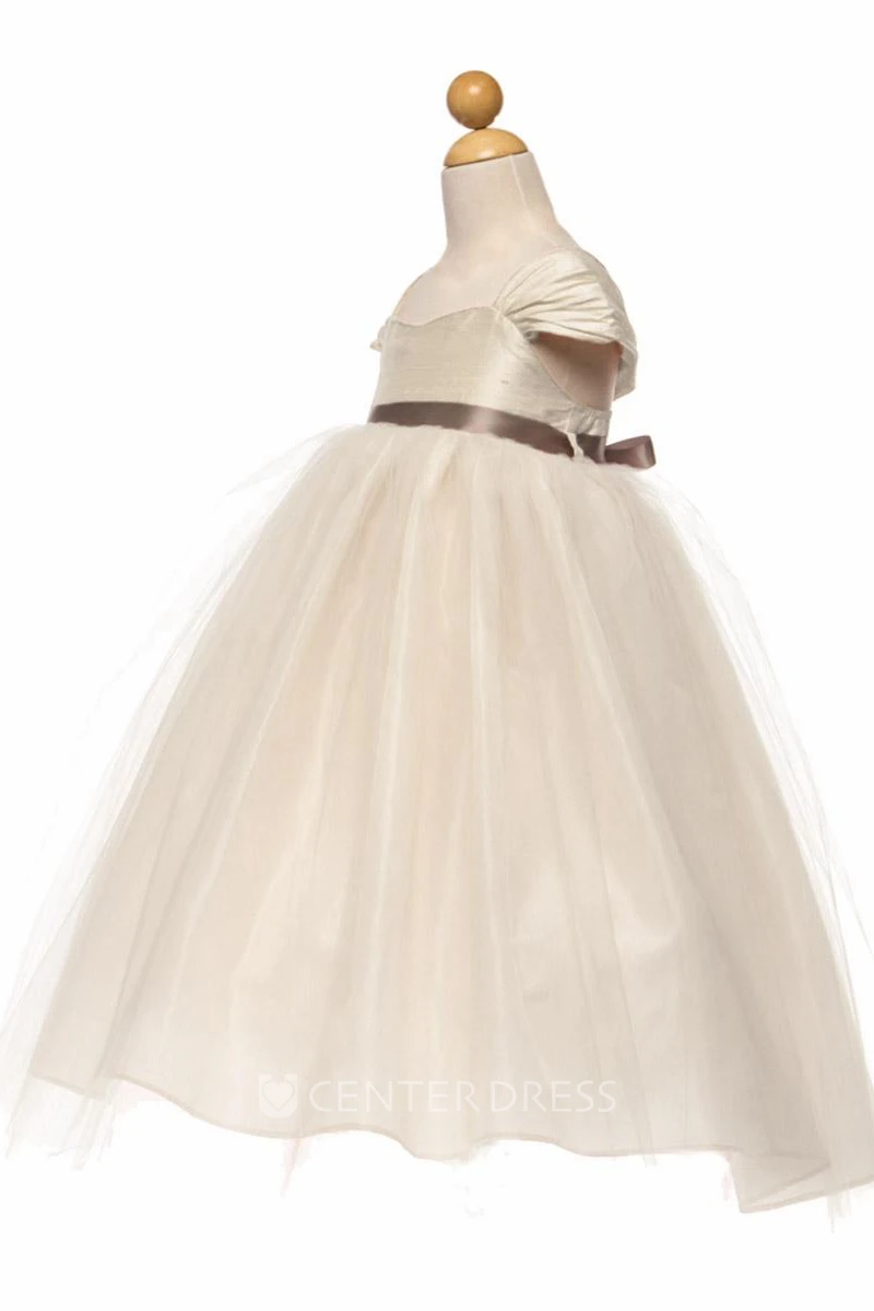 Tea-Length Empire Cap-Sleeve Ruched Tulle&Satin Flower Girl Dress