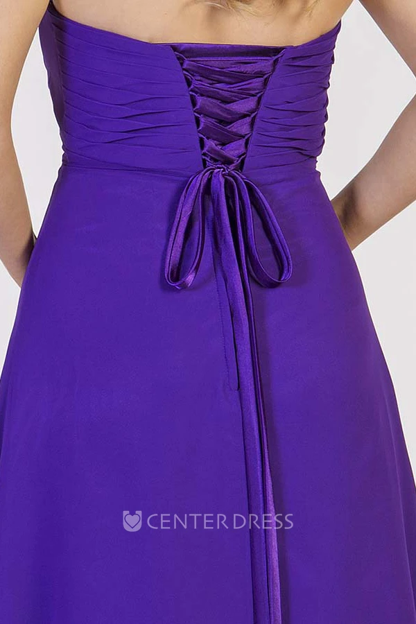 A-Line Strapless Long Broach Sleeveless Chiffon Prom Dress With Draping