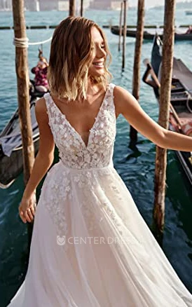 Simple A-Line Organza Wedding Dress with V-Neckline and Appliques Beach Wedding Dress