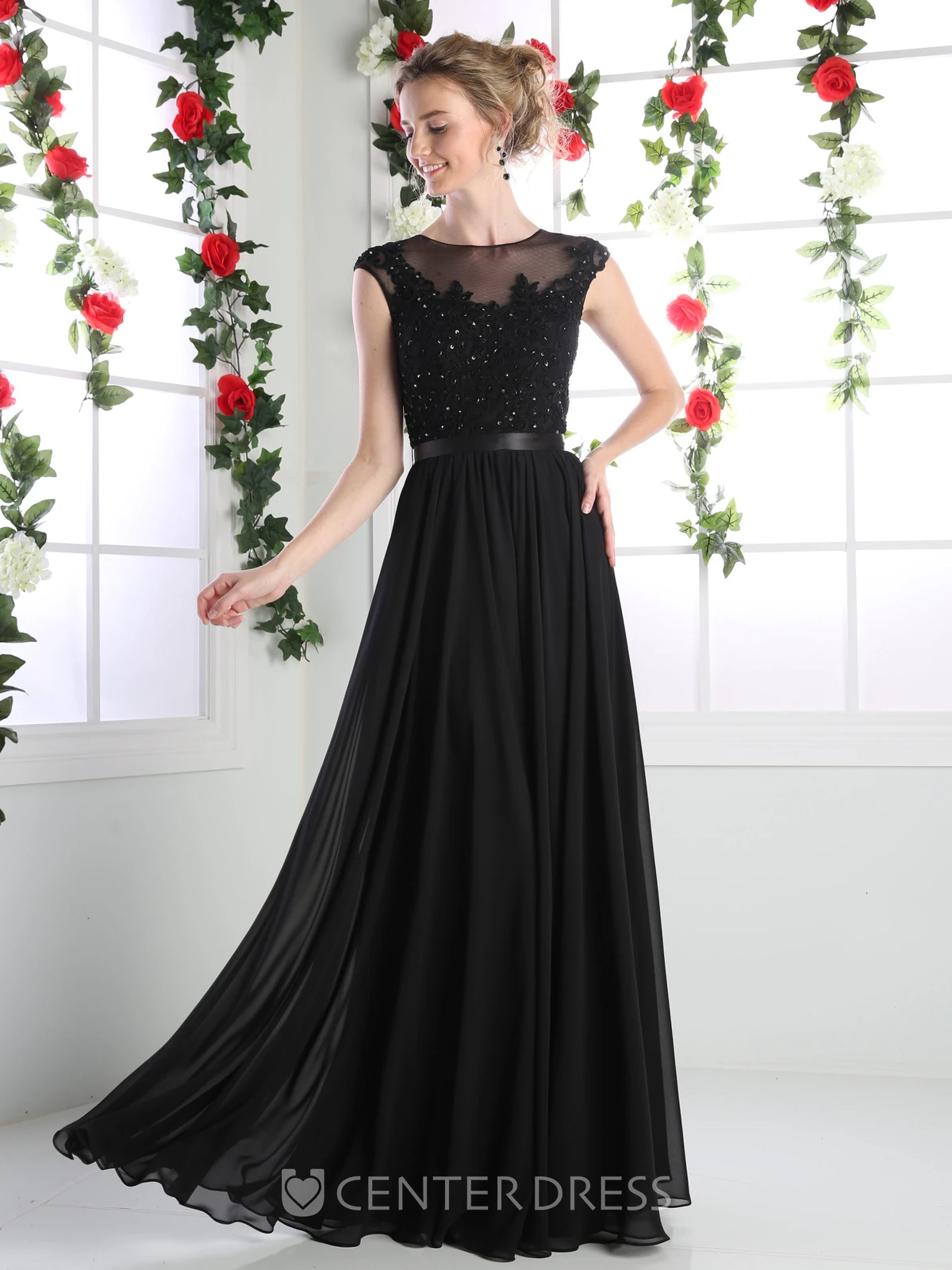 A-Line Jewel-Neck Cap-Sleeve Chiffon Illusion Dress With Lace And Pleats