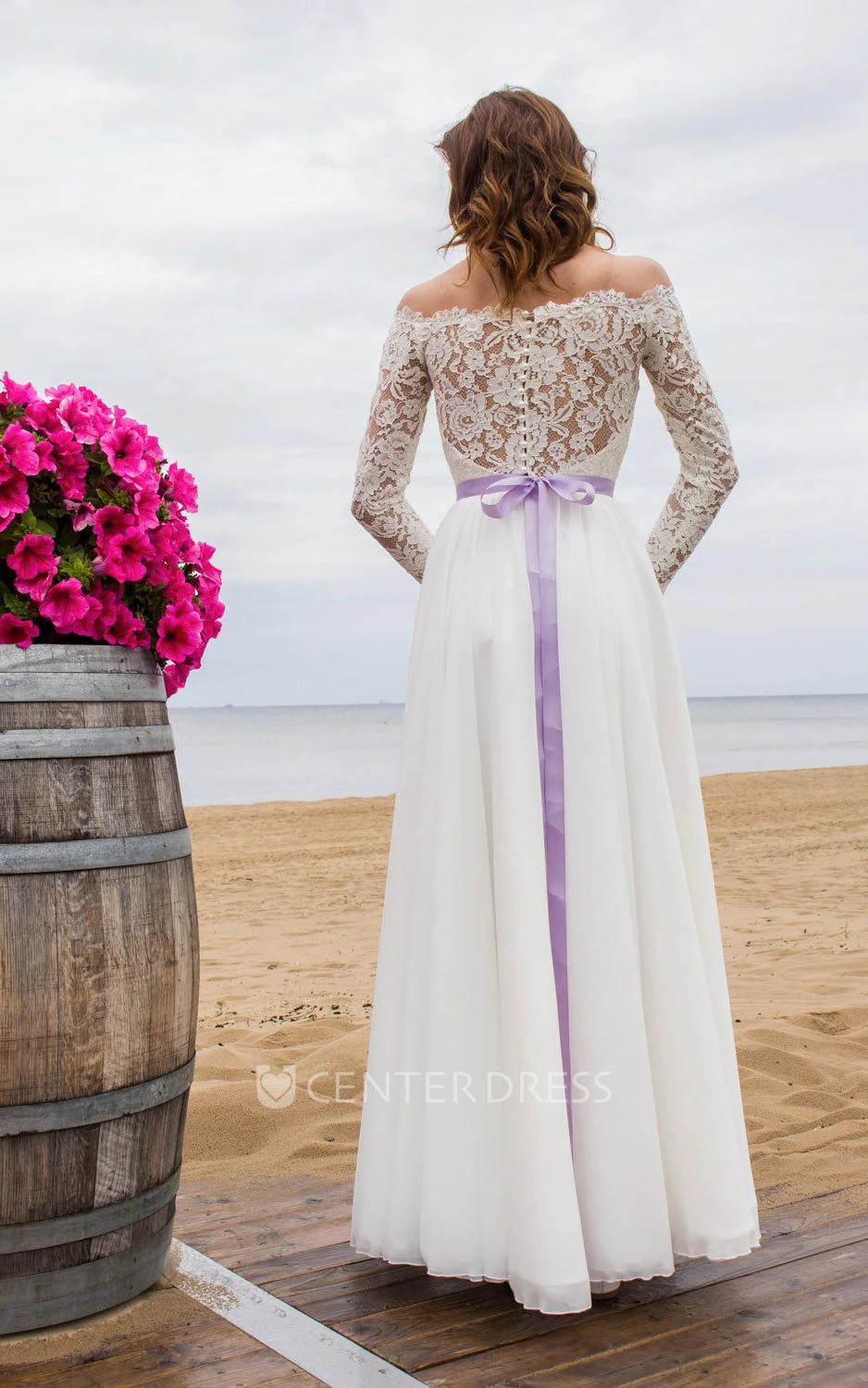 Off-Shoulder Long Sleeve Closed Sheer Back Wedding Dress With Chiffon Skirt