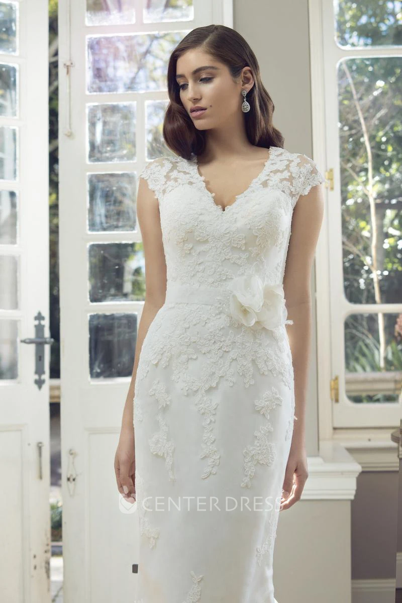 Sheath Cap-Sleeve V-Neck Lace Wedding Dress With Illusion