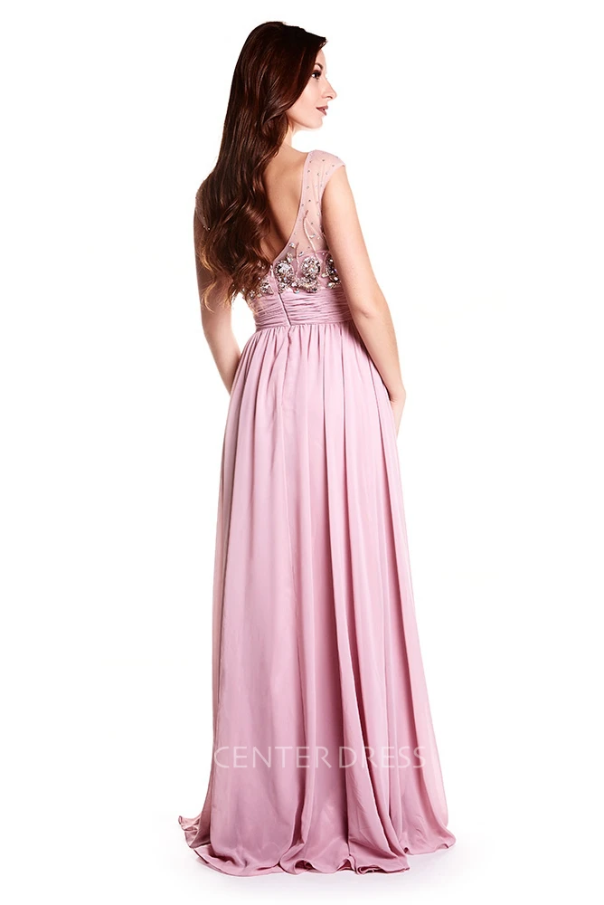 Sheath Beaded Cap-Sleeve Long Scoop-Neck Chiffon Prom Dress With Pleats