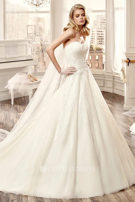Strapless Beaded A-Line Long Summer Wedding Dress Destination With Brush Train