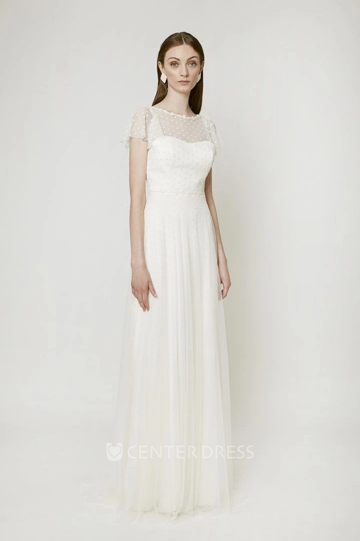 Adorable Jewel Neck Bridal Gown With Sweep/Brush Train