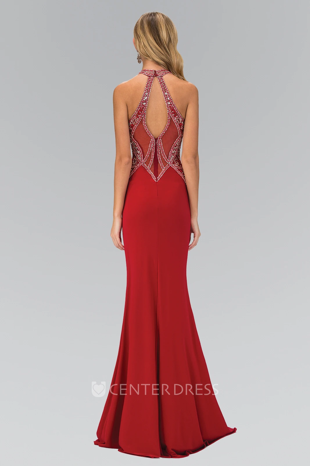 Sheath Jewel-Neck Sleeveless Jersey Straps Dress With Beading And Split Front