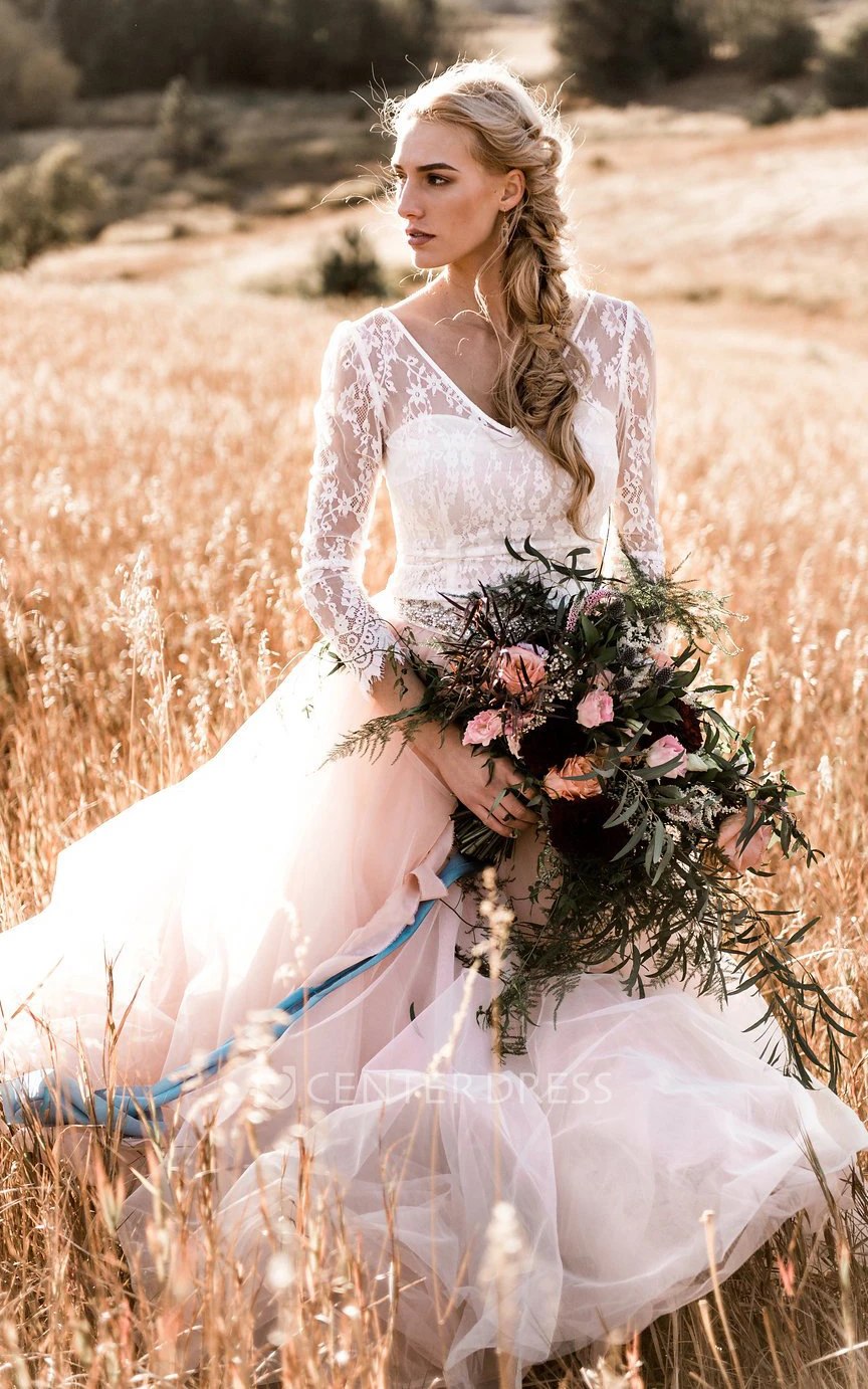 Ball Gown 3/4 Length Sleeve Lace Tulle Romantic Button Illusion Wedding Dress with Sash