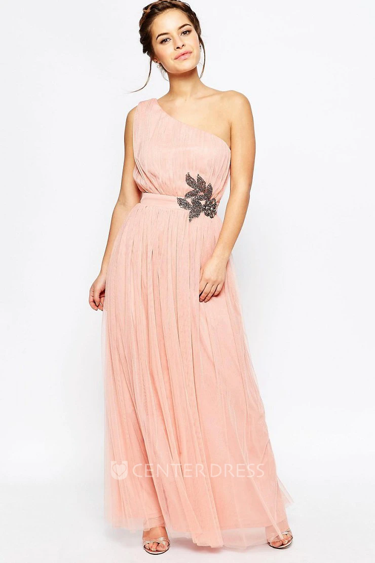 One-Shoulder Sleeveless Crystal Tulle Bridesmaid Dress With Pleats