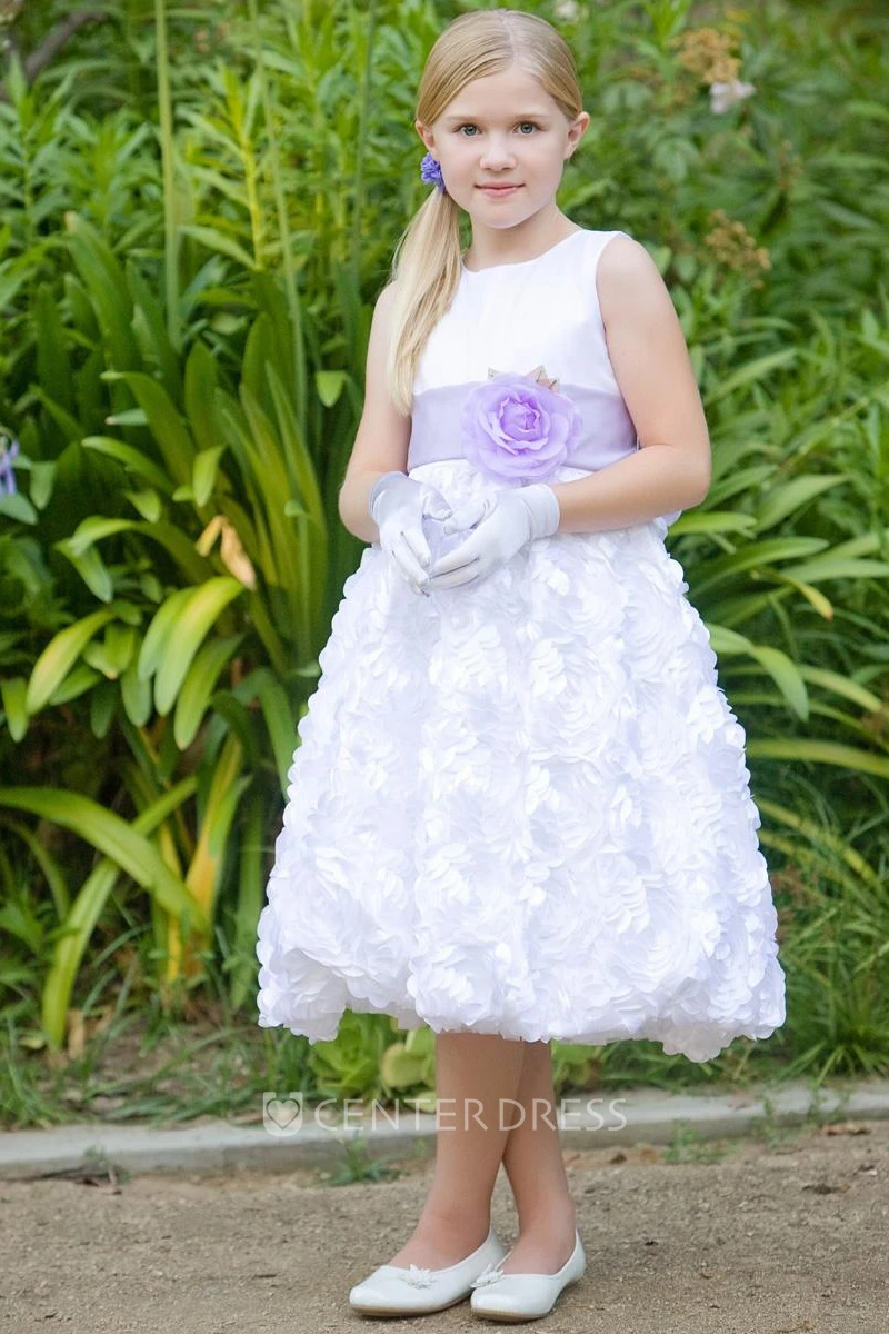 Tea-Length Tiered Satin Flower Girl Dress