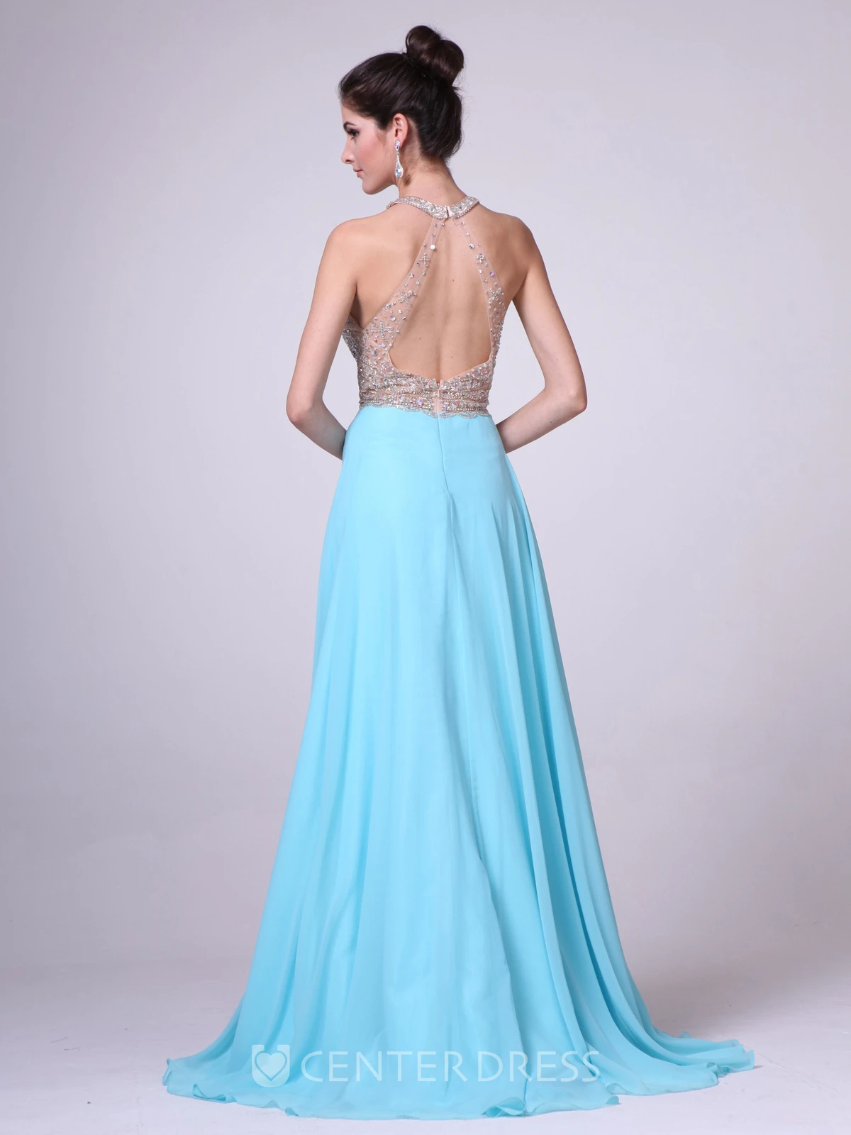 A-Line Scoop-Neck Sleeveless Empire Chiffon Keyhole Dress With Beading