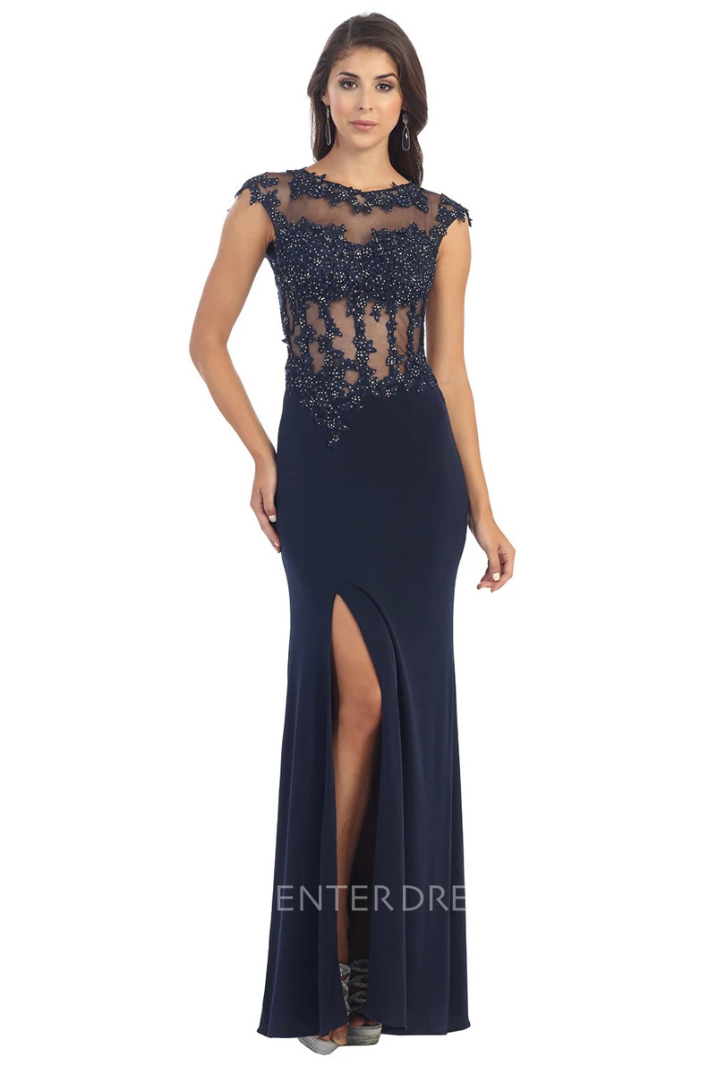 Sheath Jewel-Neck Cap-Sleeve Jersey Keyhole Dress With Split Front And Appliques