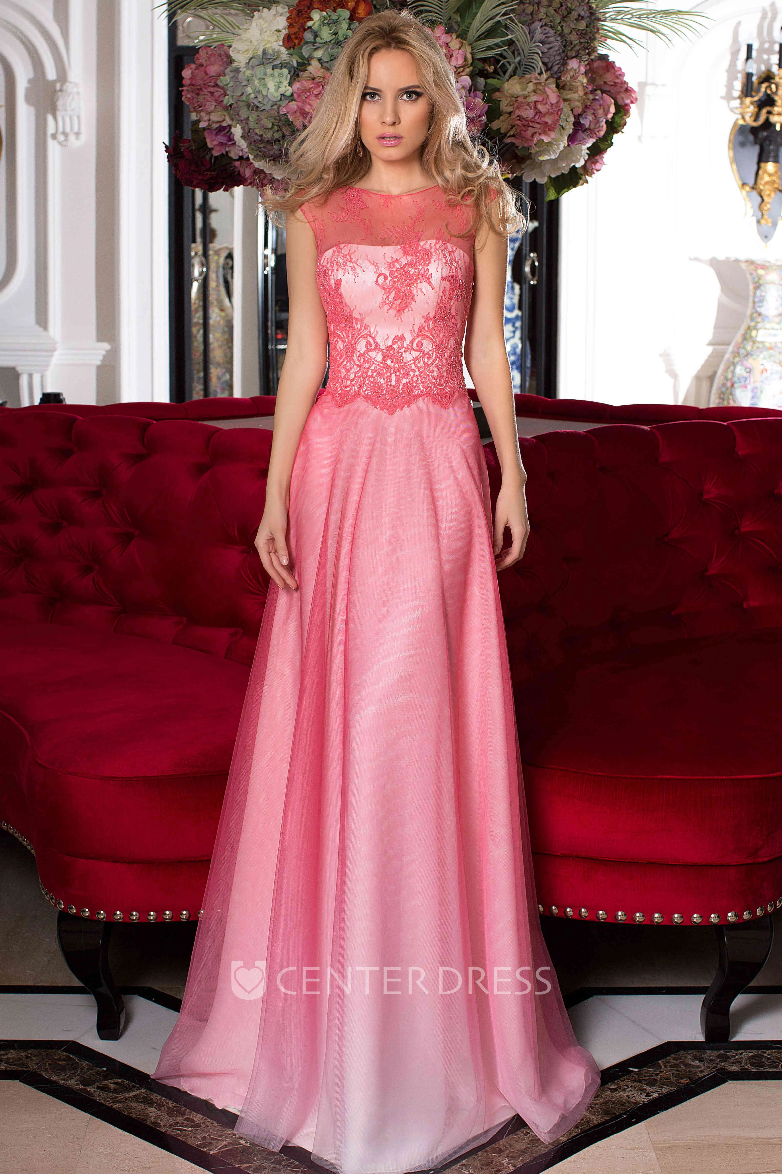 A-Line Floor-Length Scoop Sleeveless Tulle Lace Pleats Low-V Back Dress