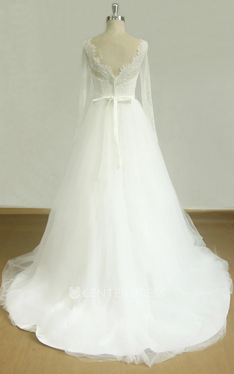V-Neck Long Sleeve Tulle Lace Satin Dress With Beading