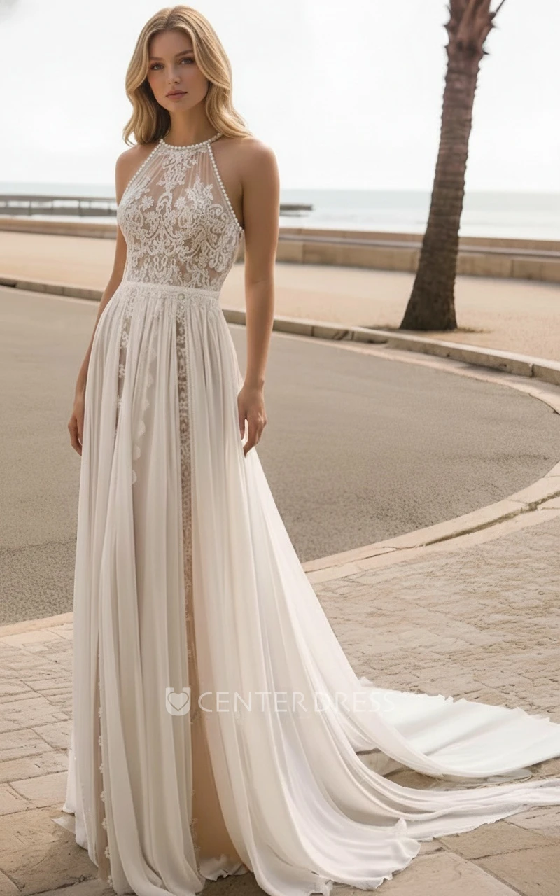 Vintage Boho Beach A-Line Lace Spring Wedding Dress Floral Sexy Modern Sleeveless Jewel Neck Bridal Gown with Train