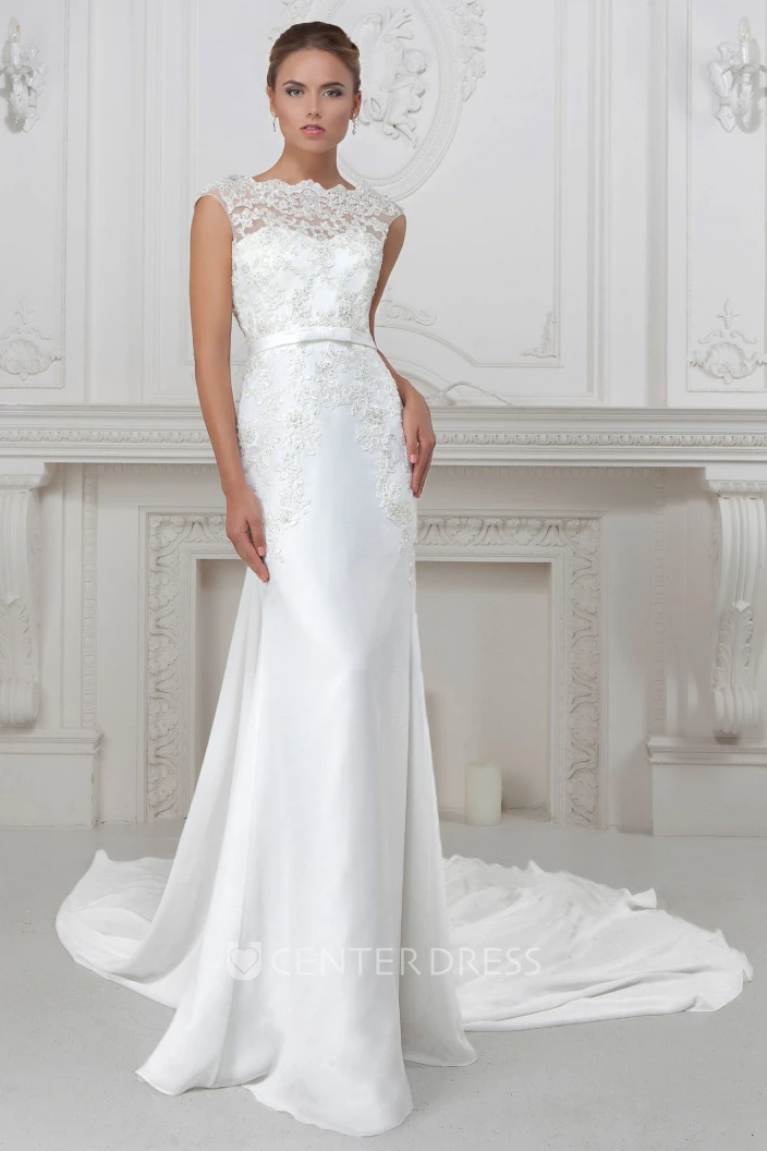 Sheath Cap-Sleeve Bateau-Neck Appliqued Long Satin Spring Wedding Dress