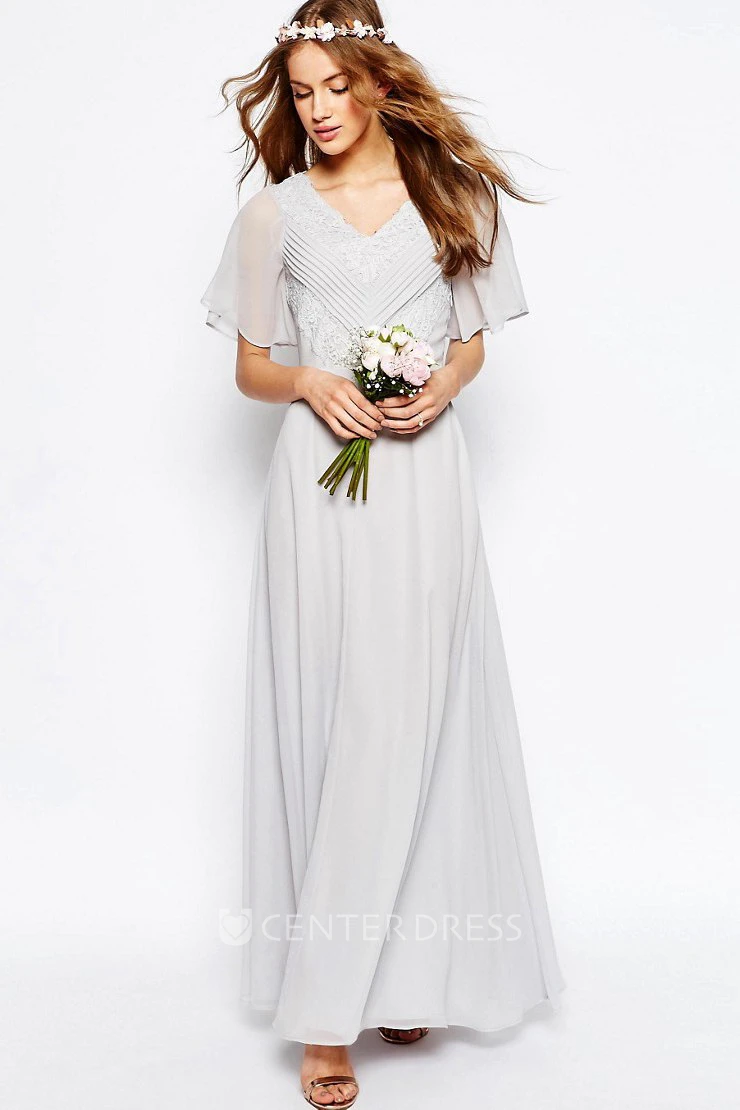 Ankle-Length Ruched V-Neck Poet Sleeve Chiffon Bridesmaid Dress With Appliques