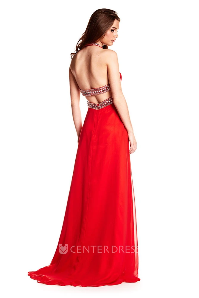 Maxi Sleeveless Beaded Halter Chiffon Prom Dress With Brush Train