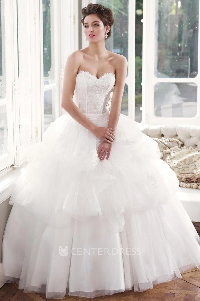 Ball Gown Sweetheart Pick-Up Long Tulle Wedding Dress With Lace And Tiers
