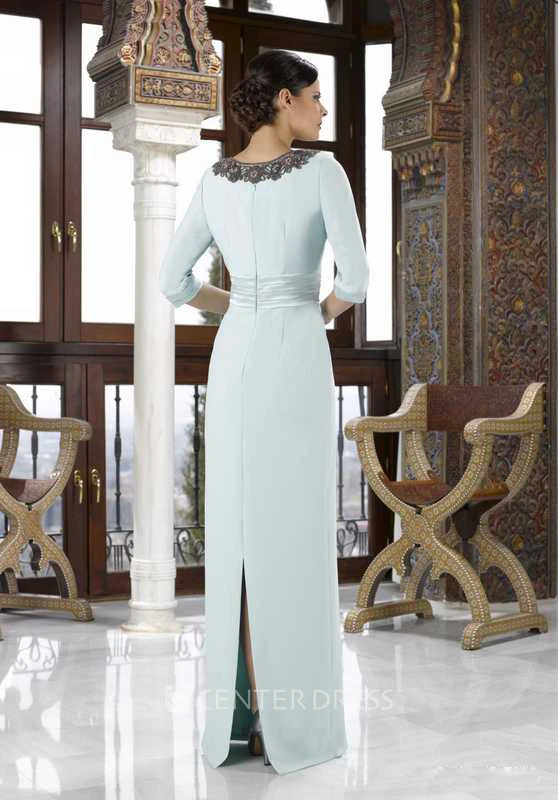 Lace 3-4 Sleeve V-Neck Chiffon Mother Of The Bride Dress With Split Back