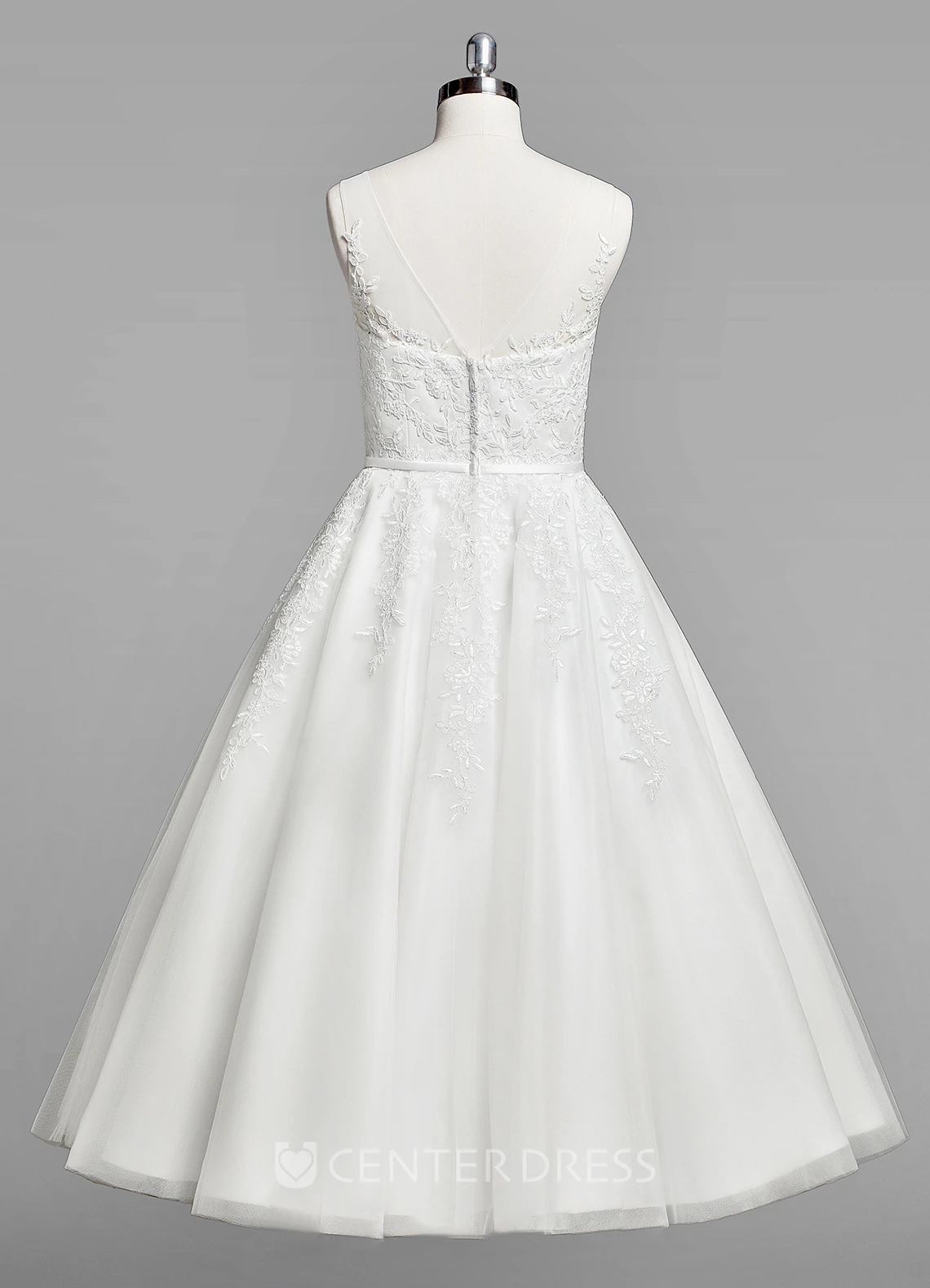 V-Neck Sleeveless A-Line Lace Tea-Length Wedding Dress