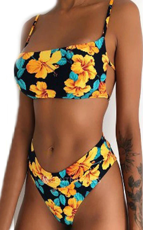 Floral Striped Spaghetti High-Cut Bikini Set
