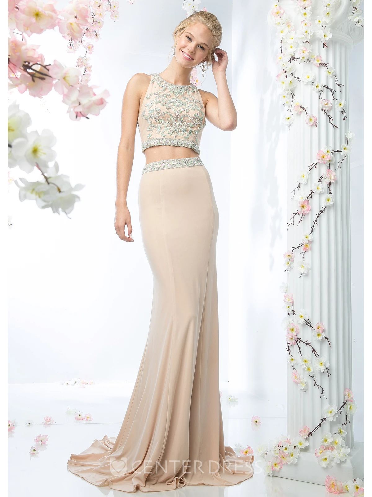 Two-Piece Sheath Jewel-Neck Sleeveless Jersey Straps Dress With Beading
