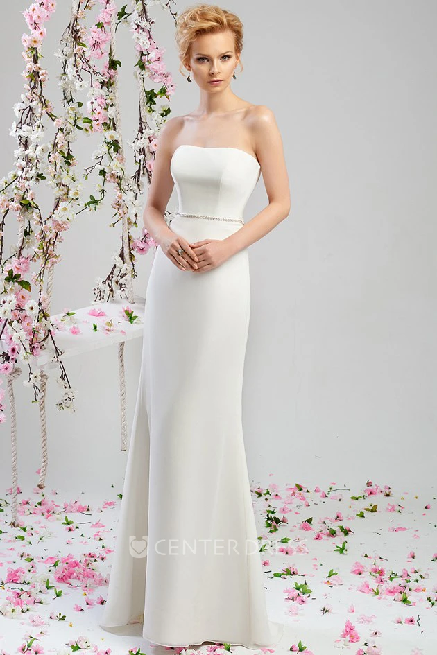 Sheath Strapless Maxi Chiffon Wedding Dress With Waist Jewellery And Corset Back