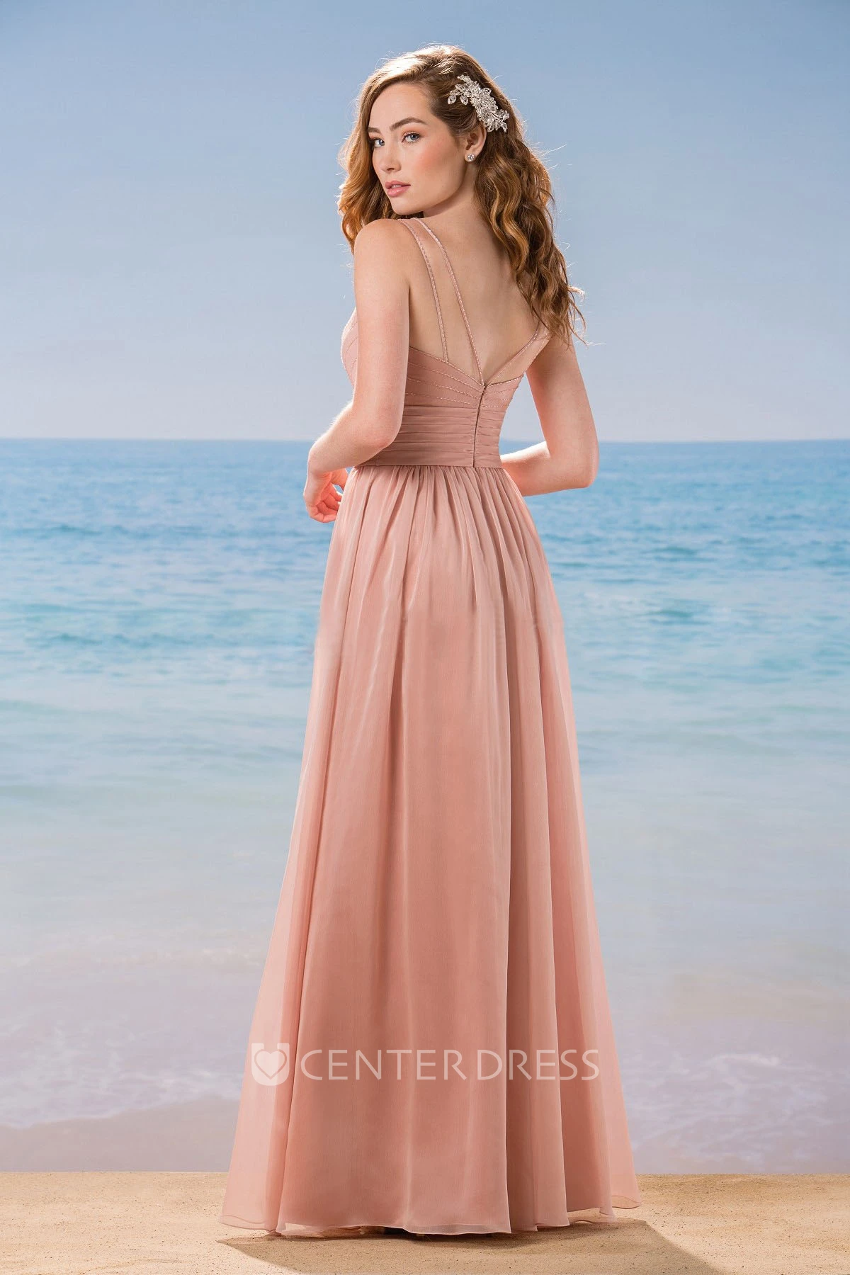 V-Neck Sleeveless A-Line Bridesmaid Dress With Front Slit And Beadings