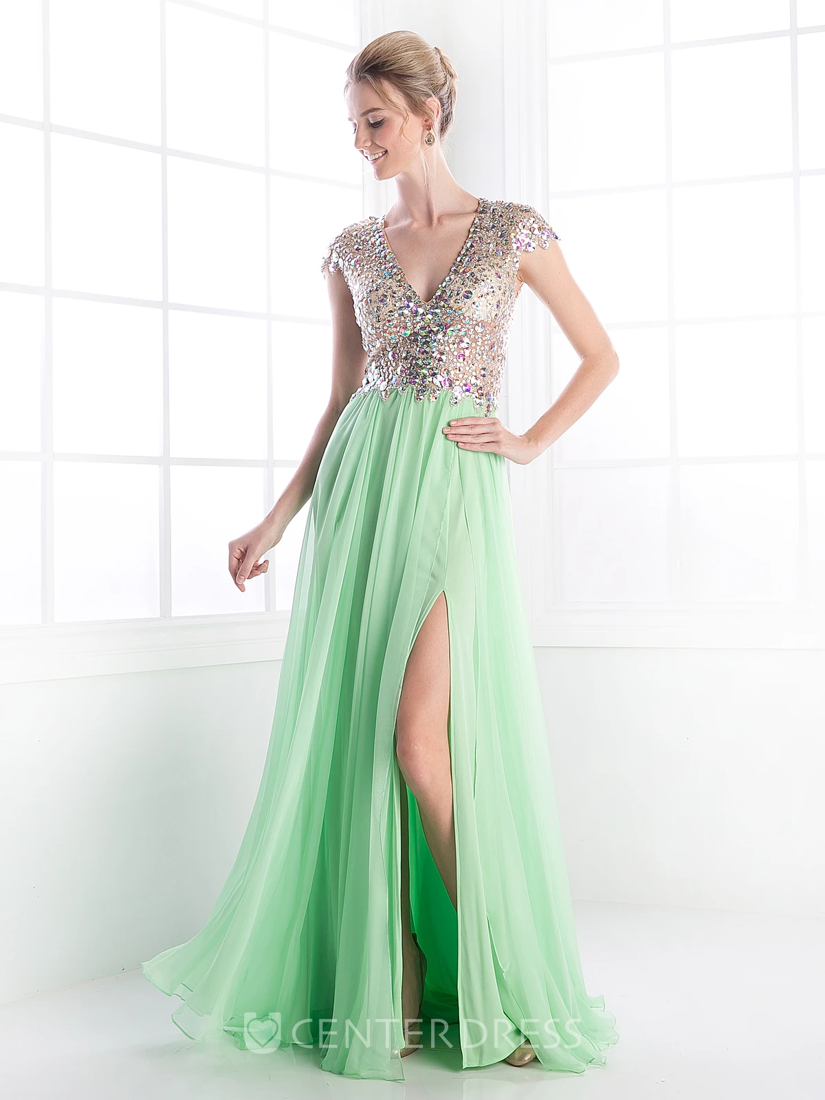 Sheath V-Neck Cap-Sleeve Chiffon Keyhole Dress With Beading And Split Front