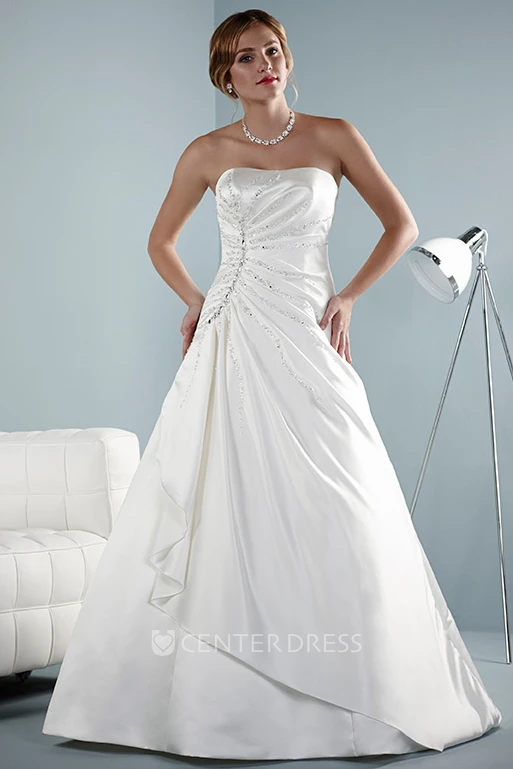 A-Line Sleeveless Beaded Floor-Length Strapless Satin Wedding Dress With Lace-Up Back And Side Draping