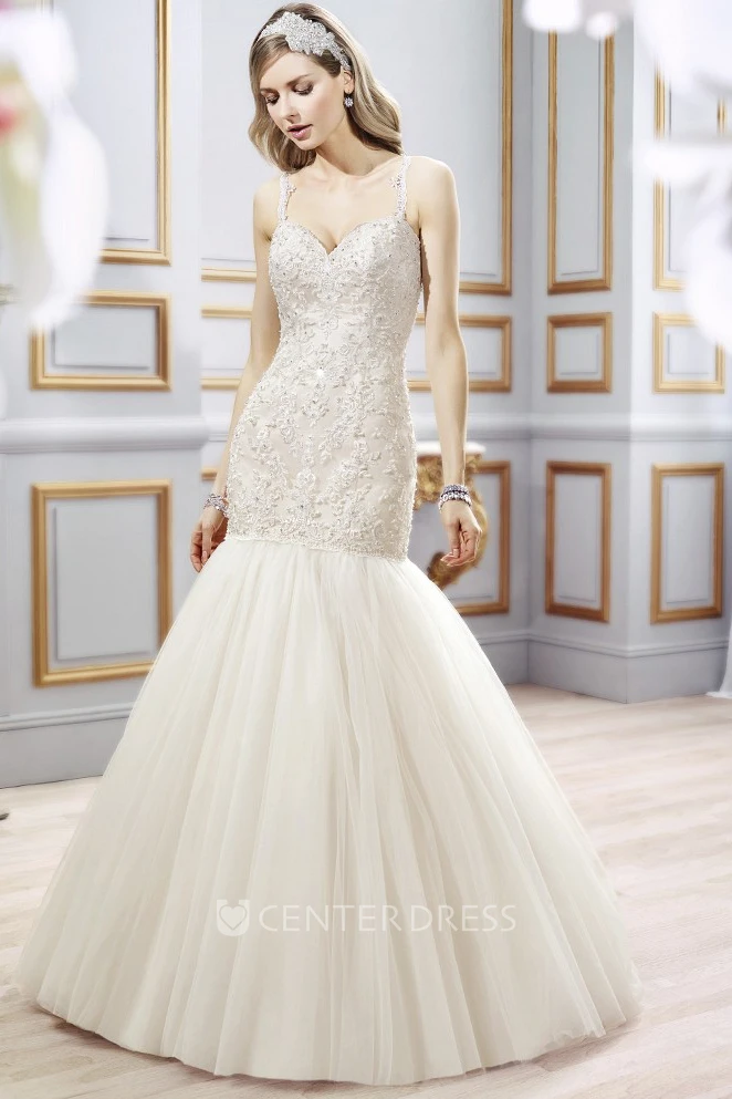 Mermaid Spaghetti Floor-Length Sleeveless Appliqued Lace&Tulle Wedding Dress With Chapel Train And Backless Style