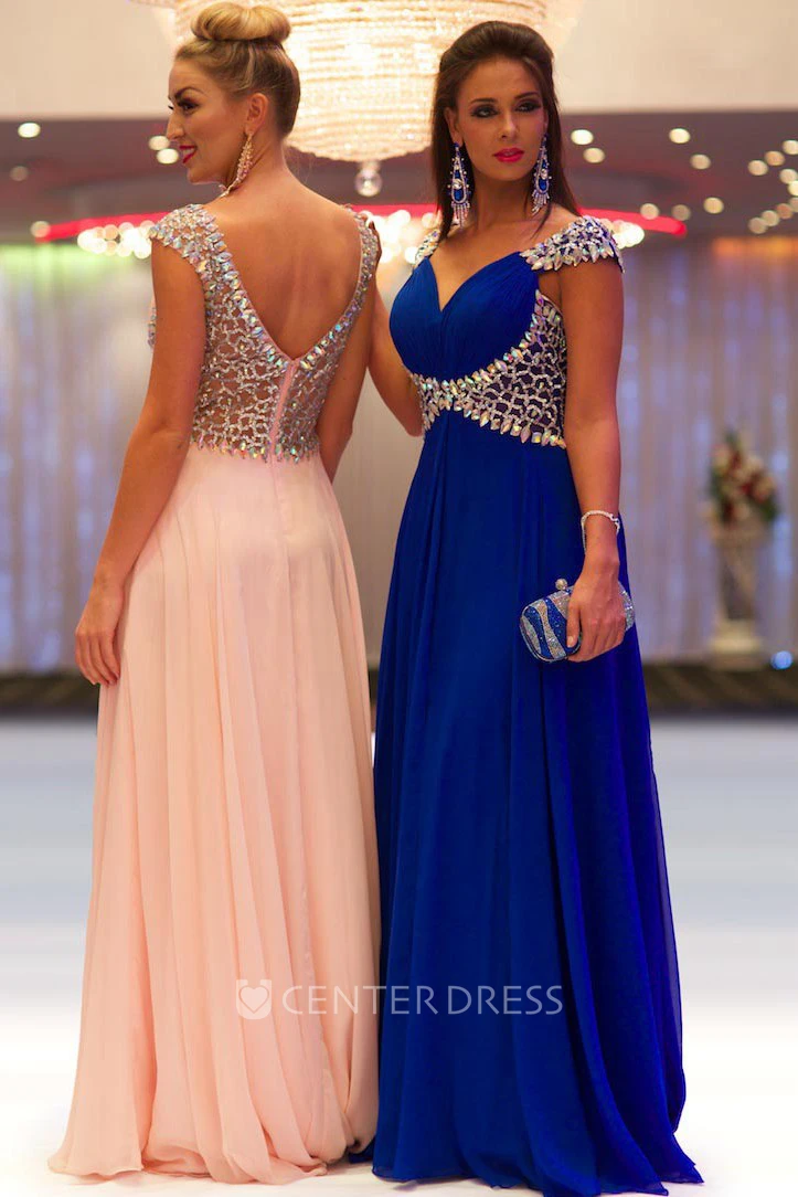 Sheath Beaded Cap-Sleeve Floor-Length V-Neck Chiffon Prom Dress With Pleats