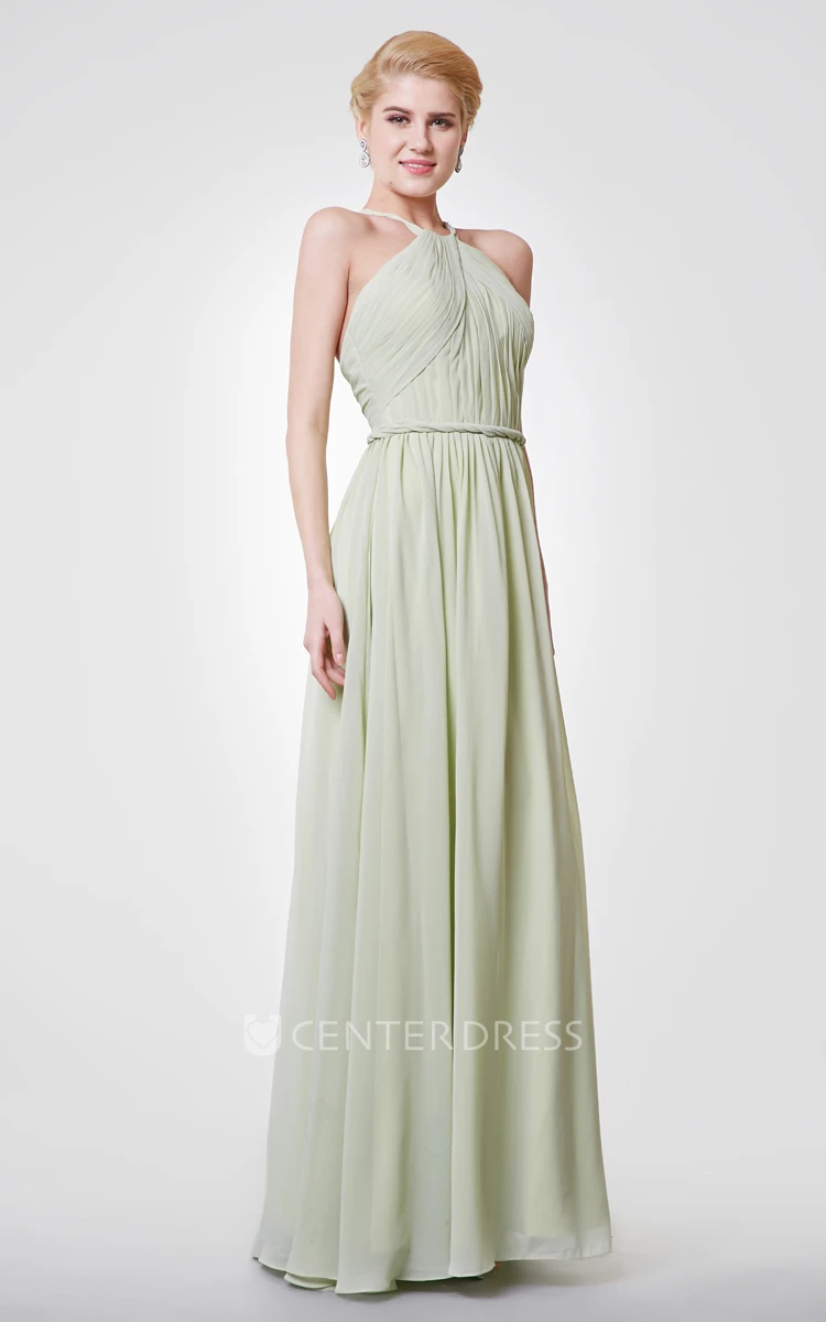 Halter Sleeveless Floor Length Chiffon Prom Dress with Sexy Back