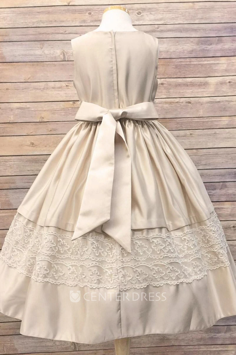 Tea-Length Tiered Sequined Tulle&Lace Flower Girl Dress