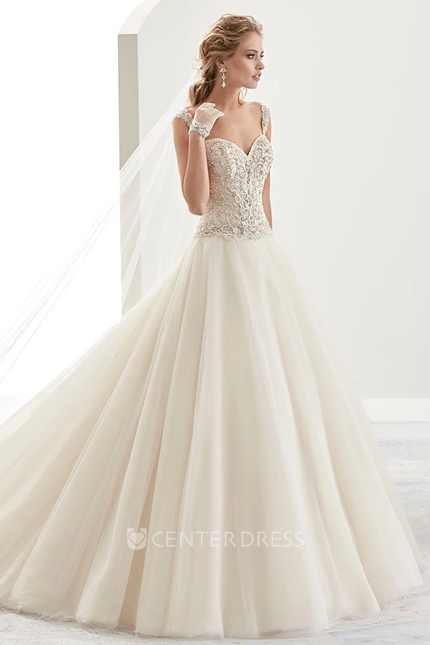 Sweetheart Beaded A-Line Bridal Gown With Open Back And Brush Train