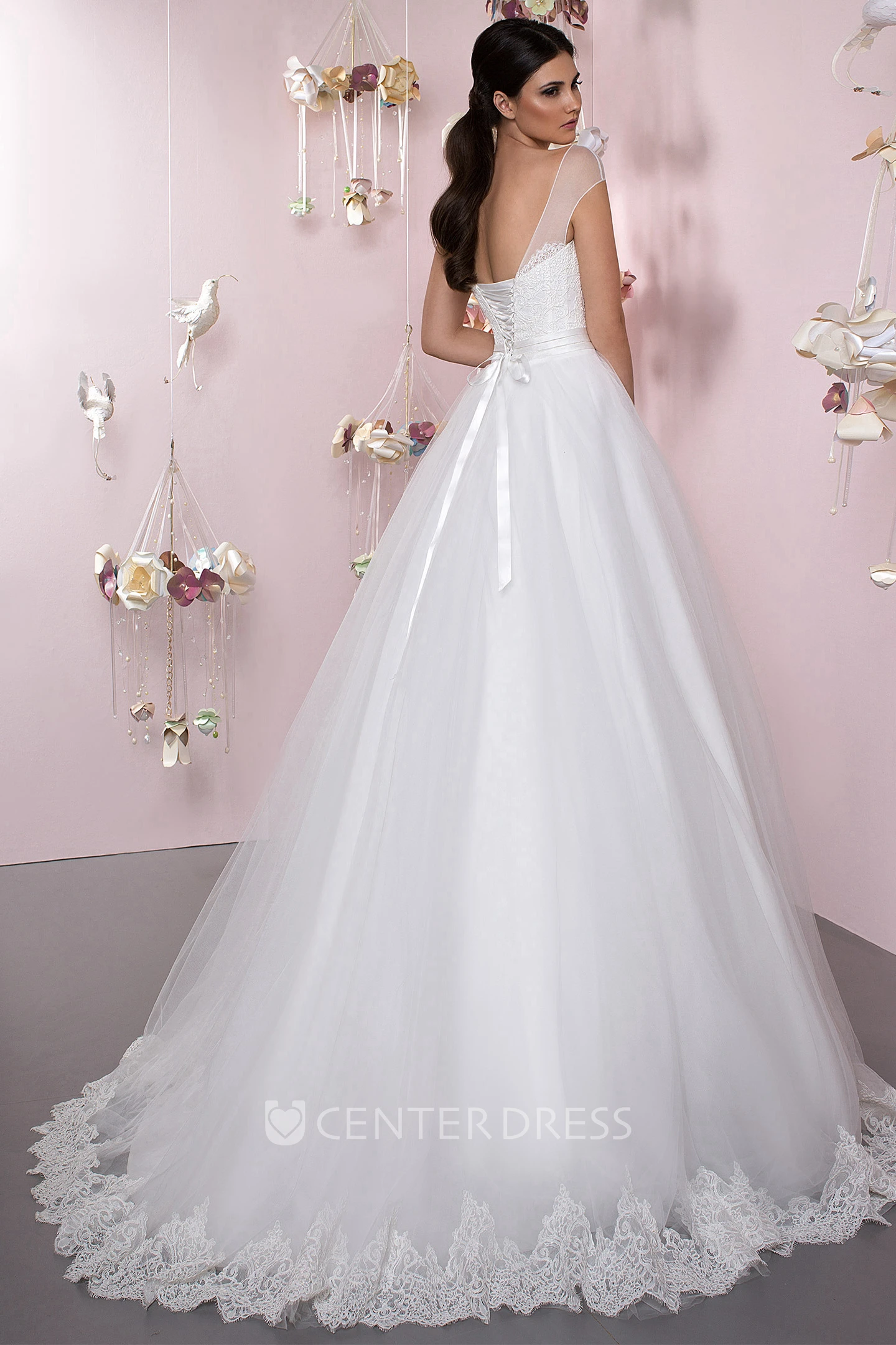 Ball Gown Cap Sleeve Appliqued Bateau Neck Tulle Wedding Dress