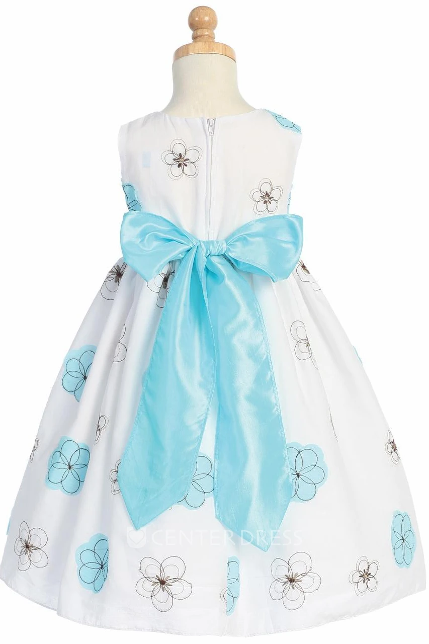 Tea-Length Bowed Embroideried Taffeta Flower Girl Dress
