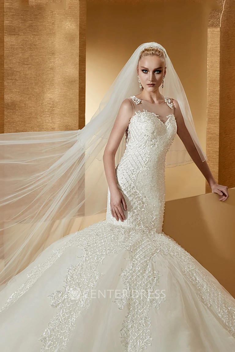Sassy Cap sleeve Mermaid Wedding Dress with Special Appliques and Illusive Neckline 