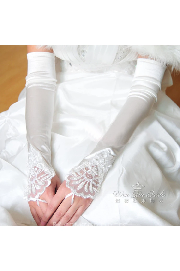 Plus Long White Beaded Satin Hook Elastic Satin Gloves