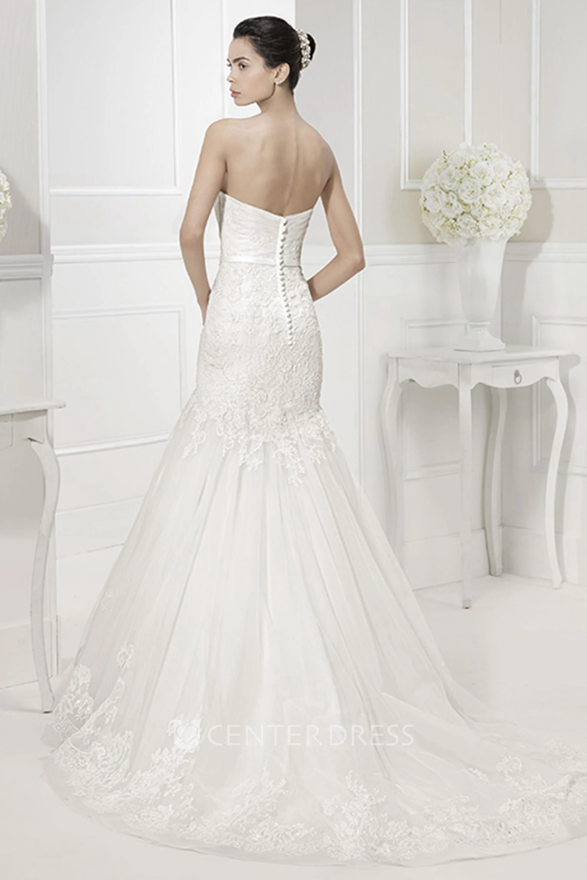 Criss-Cross Sweetheart Mermaid Tulle Bridal Gown With Lace And Belt
